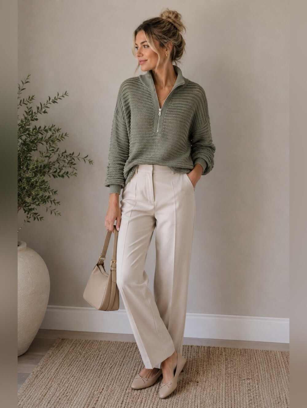 VARLEY Tara Pointelle Half-Zip Cotton Knit Sweater Sage Green XL